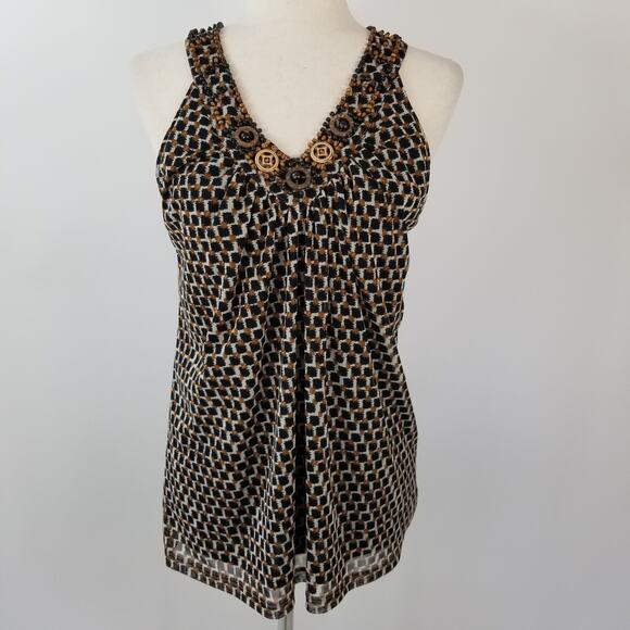 Rafaella Brown Black White V Neck Sleeveless Embellished Top Lovely Size Medium - Picture 1 of 7
